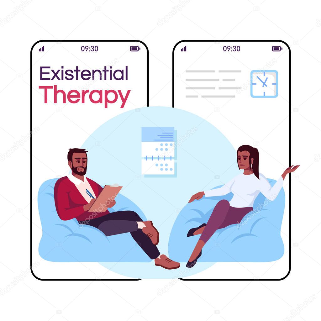 Existential therapy cartoon smartphone vector app screen. Psycho