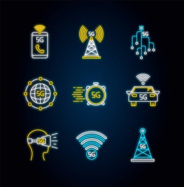 5G kablosuz teknoloji neon ışık simgeleri ayarlandı. Baz istasyonu, gelişmiş telefon görüşmeleri. Vr kulaklık. Hızlı bağlantı. Cep telefonu şebekesi. Dış ışık efektli işaretler. Vektör izole edilmiş Rgb renk çizimleri