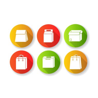 Kağıt gıda paketleri düz tasarım uzun gölge sembolleri dizayn edildi. Karton kutular, ürünler için çantalar, yemek. Öğle yemeği için tek kullanımlık konteynırlar, bakkal. Siluet Rgb renk çizimleri