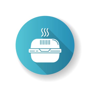 Burger box blue flat design long shadow glyph icon. Fast food servis konteynırı. Termal paket paket servisi. Sıcak yemek için plastik beslenme çantası, hamburger. Siluet Rgb renk çizimi