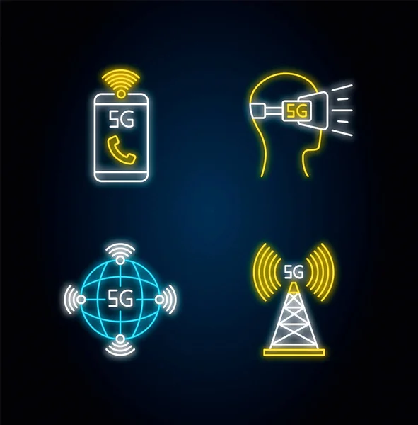 Teknologi nirkabel 5G ikon cahaya neon ditetapkan. VR headset. Menara sel. Meningkatkan panggilan telepon. Standar dunia. Jaringan mobile. Tanda-tanda dengan efek luar bersinar. Ilustrasi warna RGB terisolasi vektor - Stok Vektor