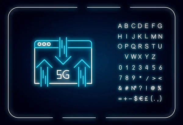 5G navegador web icono de luz de neón. Navegación por Internet. Tecnología inalámbrica. Transmisión de datos. Efecto exterior brillante. Firma con alfabeto, números y símbolos. Ilustración de color RGB aislado vectorial — Archivo Imágenes Vectoriales