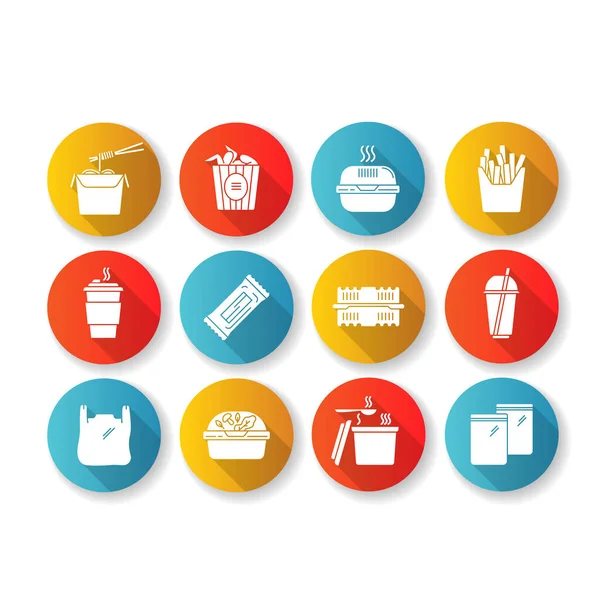 Takeaway pacotes de alimentos design plano longo conjunto de ícones de glifo sombra. Retire recipientes de refeição, caixas para entrega. Macarrão, balde de asas de frango, batatas fritas. Silhueta RGB ilustrações a cores —  Vetores de Stock