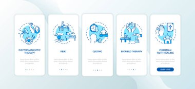 Harici enerji tıbbı mobil uygulama sayfası ekranında kavramlarla birlikte. Alternatif şifa yöntemleri beş adımda grafik talimatları gözden geçirir. RGB renk resimleriyle UI vektör şablonu