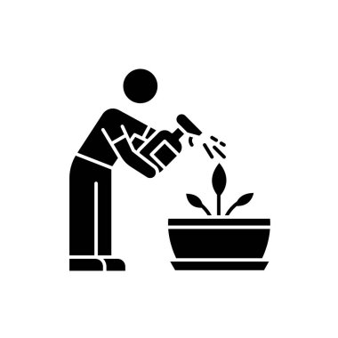 Spreyli bitkiler siyah kabartma simgesi. Misting. Nemlendirici, nemlendirici, nemlendirici. Bitki yetiştirme, ekme süreci. Kapalı alanda bahçıvanlık. Beyaz uzayda siluet sembolü. Vektör izole illüstrasyonu