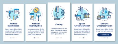 Üreme teknolojisi mobil uygulama sayfası ekranında konseptlerle birlikte. Yapay doğurganlık yürüyüşü. 5 adım grafik talimatlar. RGB renk resimleriyle UI vektör şablonu
