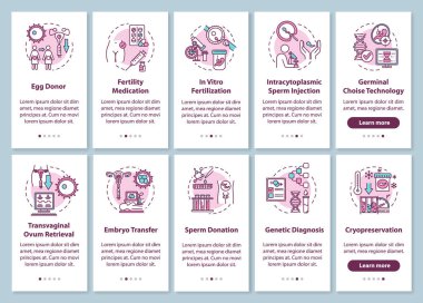 Üreme teknolojisi mobil uygulama sayfası ekranında kavramlarla birlikte. Alternatif hamilelik yürüyüşü. 5 adım grafik talimatlar. RGB renk resimleriyle UI vektör şablonu