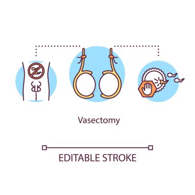 Vazektomi konsepti ikonu. Kalıcı doğum kontrol yöntemi. İnsan için cerrahi prosedür. Erkek sterilizasyonu fikri ince çizgi çizimi. Vektör izole edilmiş RGB renk çizimi. Düzenlenebilir vuruş