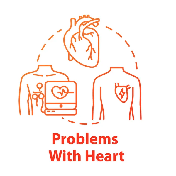 Problemi con l'icona del concetto di cuore. Un infarto. Cure mediche d'emergenza. La diagnosi ospedaliera. Idea di ictus cardiaco linea sottile illustrazione. Schema isolato vettoriale disegno a colori RGB — Vettoriale Stock