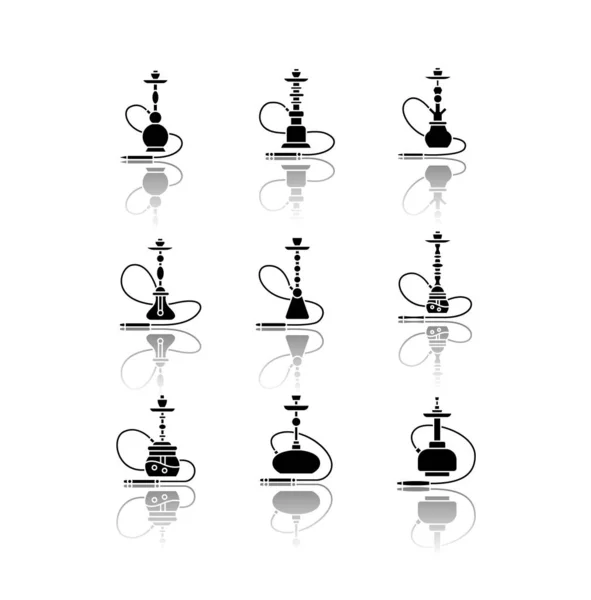 Hookah soltar sombra ícones de glifo preto definido. Shisha com arame. Casa de Sheesha. Lounge de argila. Odor de cachimbo. Cheiro de vaporização. Área de fumadores. Ilustrações vetoriais isoladas no espaço em branco —  Vetores de Stock