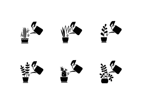 Roślina gospodarcza pielęgnuje czarne ikony glifów ustawione na białej przestrzeni. Krajowa uprawa roślin. Podlewanie roślin. Nawilżająca, nawilżająca gleba. Nawilżający grunt. Symbole sylwetki. Ilustracja izolowana wektora — Wektor stockowy