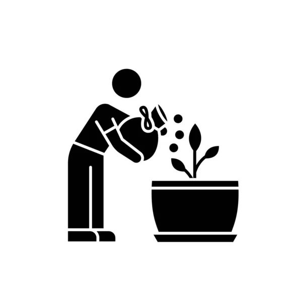 Icono de glifo negro de plántulas fertilizantes. Alimentación de retoños. Cultivo de plantas, plantación. Jardinería interior. Suplementos de crecimiento, enmiendas. Símbolo de silueta en el espacio en blanco. Ilustración aislada vectorial — Vector de stock