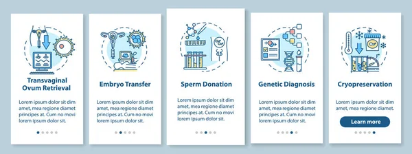 stock vector Reproductive technology onboarding mobile app page screen with concepts. Egg and sperm donor. Fertilisation walkthrough 5 steps graphic instructions. UI vector template with RGB color illustrations