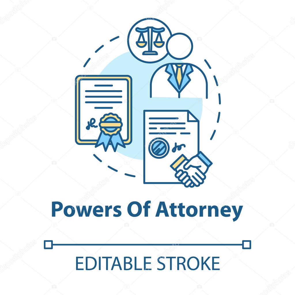 Powers of attorney concept icon. Legal representative. Seal business deal with third party. Notary service idea thin line illustration. Vector isolated outline RGB color drawing. Editable stroke