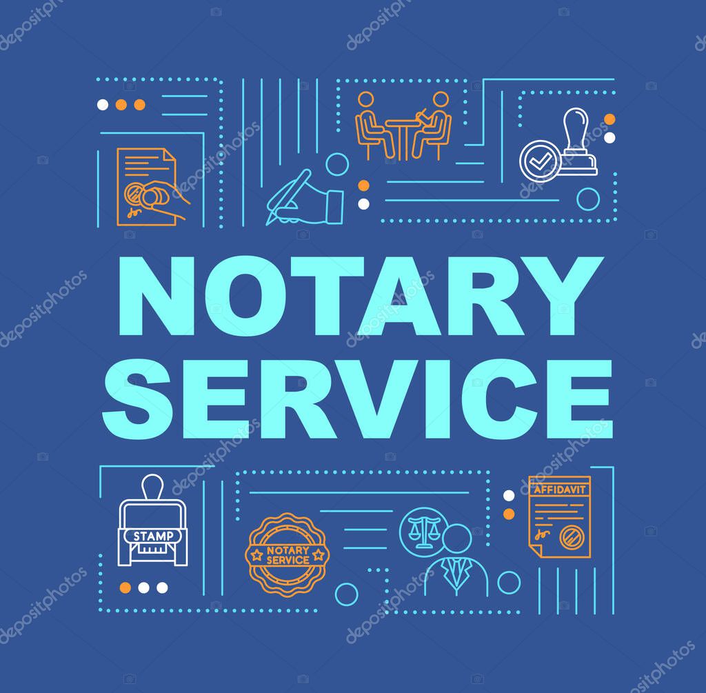 Notary service word concepts banner. Common law. Stamp to seal deal. Testament in court. Infographics with linear icons on blue background. Isolated typography. Vector outline RGB color illustration