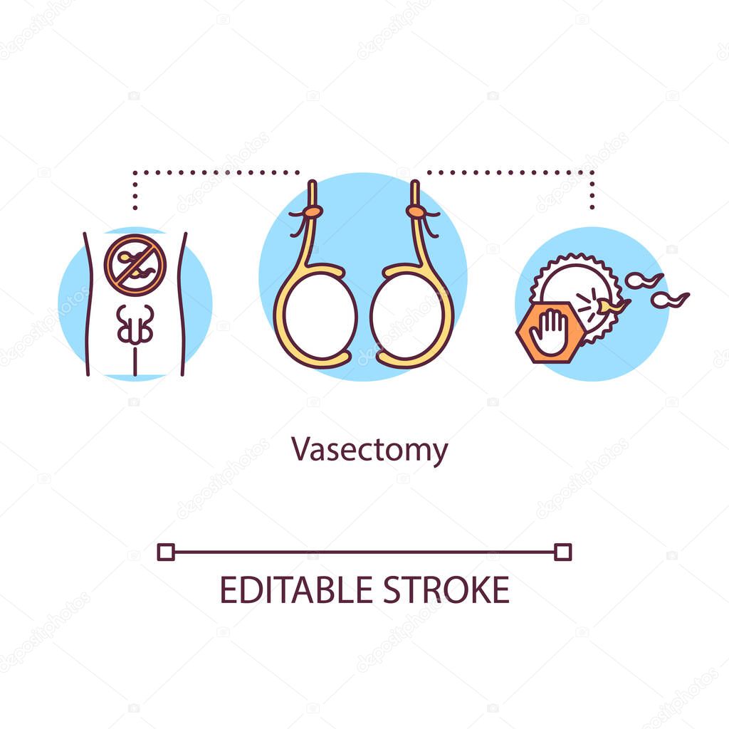 Vasectomy concept icon. Permanent contraceptive method. Surgical procedure for man. Male sterilization idea thin line illustration. Vector isolated outline RGB color drawing. Editable stroke