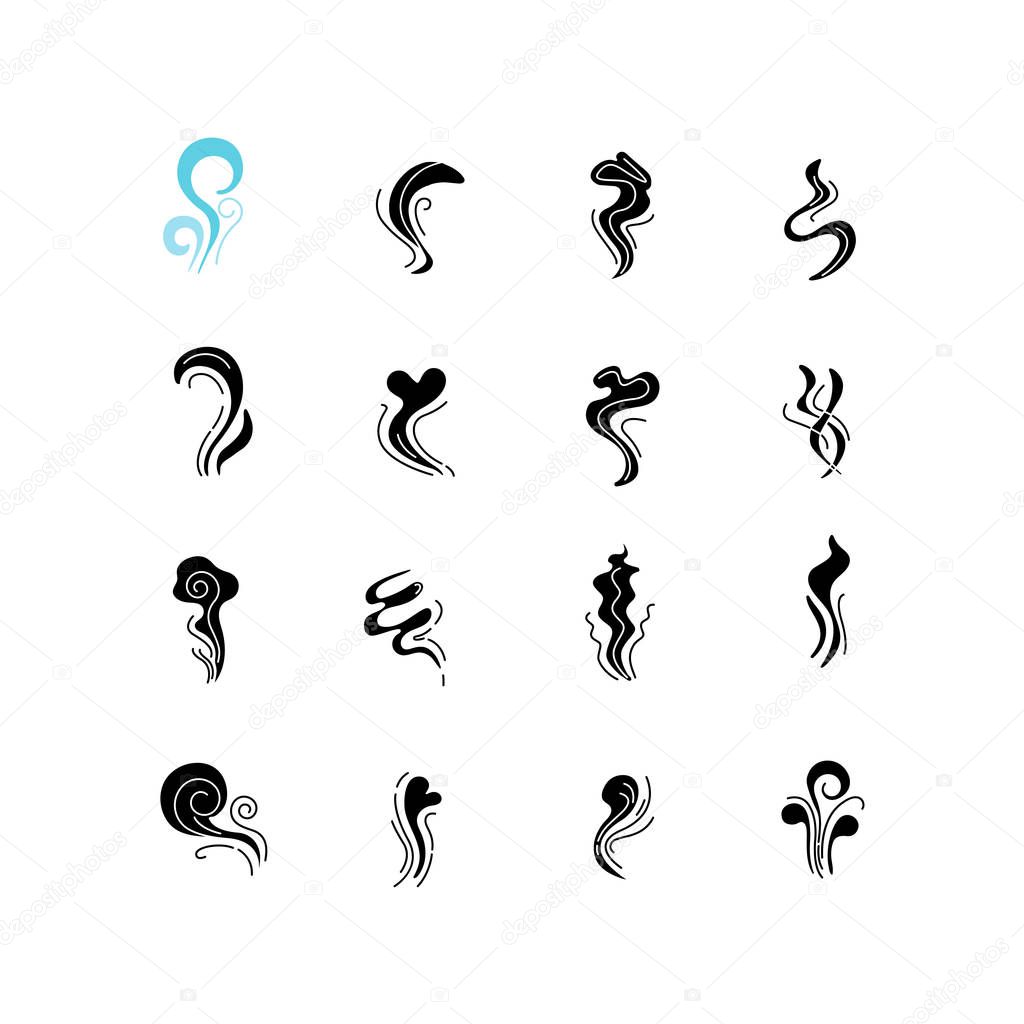 Odor black glyph icons set on white space. Good and bad smell. Heart shape odour, fluid, perfume scent. Evaporation flow. Aromatic fragrance. Silhouette symbols. Vector isolated illustration