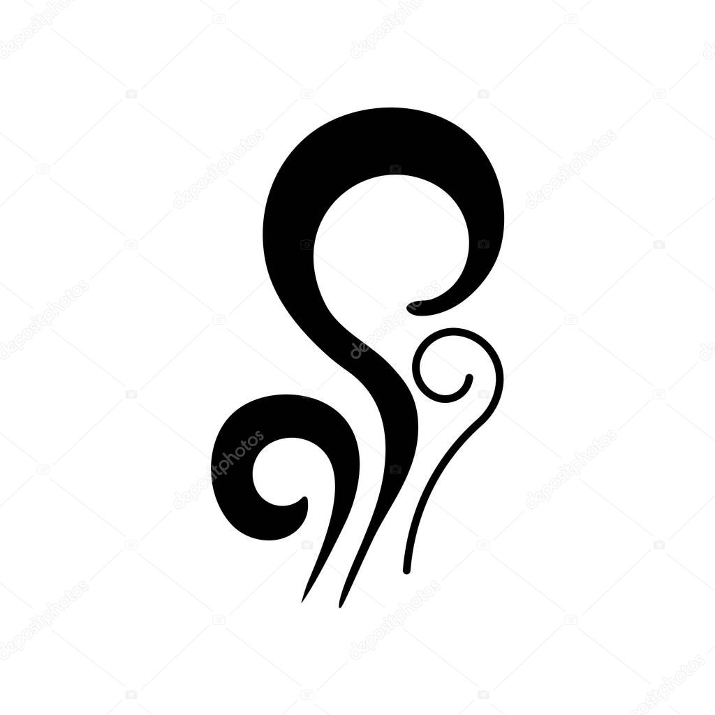 Wind black glyph icon. Fresh air swirl. Good smell, perfume scent. Aromatic fragrance flow. Smoke puff, steam curls, evaporation. Silhouette symbol on white space. Vector isolated illustration