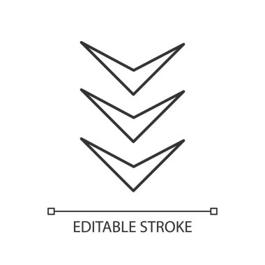Üç ok aşağı piksel mükemmel doğrusal simge. Sayfa tarama dikey yönü, işaretleyici indir. İnce çizgi özelleştirilebilir illüstrasyon. Contour sembolü. Vektör izole çizim. Düzenlenebilir vuruş