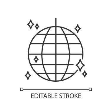 Disko topu pikseli mükemmel doğrusal simge. İnce çizgi özelleştirilebilir illüstrasyon. Gece kulübü partisi, gece kulübü eğlencesi, diskotek sembolü. Vektör izole çizim. Düzenlenebilir vuruş