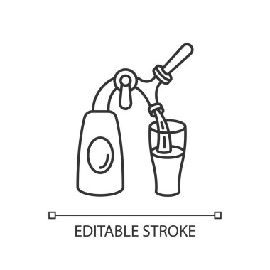 Bira tıkırtısı pikseli mükemmel doğrusal simge. İnce çizgi özelleştirilebilir illüstrasyon. Bar musluğu, içki dükkanı, barmenlik mesleği sembolü. Vektör izole çizim. Düzenlenebilir vuruş