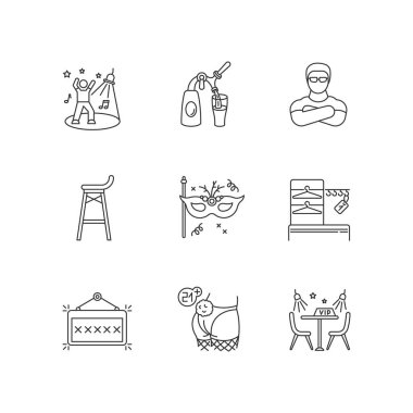 Gece kulübü eğlence pikseli mükemmel doğrusal simgeler seti. Gece kulübü eğlencesi, kulüp partisi kişiselleştirilebilir ince çizgi şekilleri. İzole vektör çizimi çizimleri. Düzenlenebilir vuruş