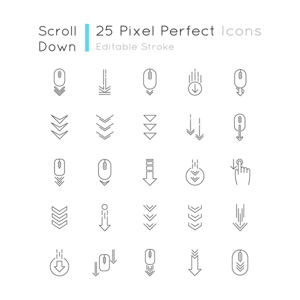 Scorri Verso Basso Pixel Perfetto Set Icone Lineari Indicatori Navigazione — Vettoriale Stock