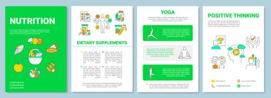 Sağlıklı yaşam tarzı broşürü. Dengeli beslenme, yoga broşürü, broşür, broşür, kapak tasarımı, doğrusal simgeler. Dergiler için vektör planları, yıllık raporlar, reklam posterleri