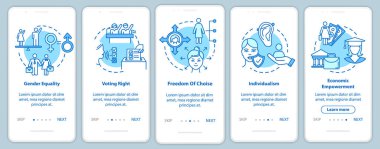 Mobil uygulama sayfasında kavramlarla cinsiyet eşitliği. Politik, sosyal ve ekonomik güçlenme 5 aşamalı grafik talimatlar. RGB renk resimleriyle UI vektör şablonu