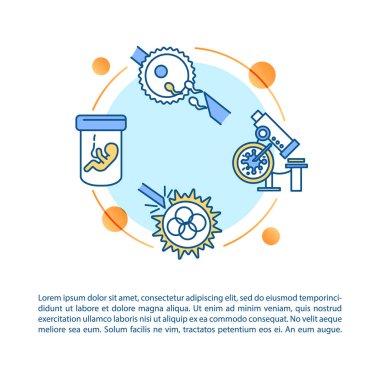 Metinli üreme teknolojisi konsepti simgesi. Biyoteknoloji, embriyoloji. Suni döllenme. PPT sayfa vektör şablonu. Broşür, dergi, kitapçık tasarım ögesi doğrusal çizimler