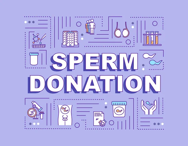 stock vector Sperm donation word concepts banner. Assisted reproductive technology. Male donor. Infographics with linear icons on purple background. Isolated typography. Vector outline RGB color illustration