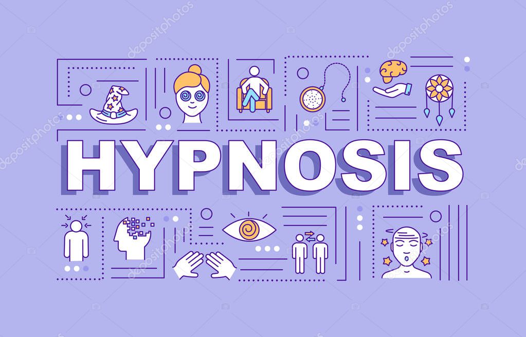 Hypnosis word concepts banner. Hypnotherapy. Subconsciousness. Infographics with linear icons on violet background. Isolated typography. Vector outline RGB color illustration