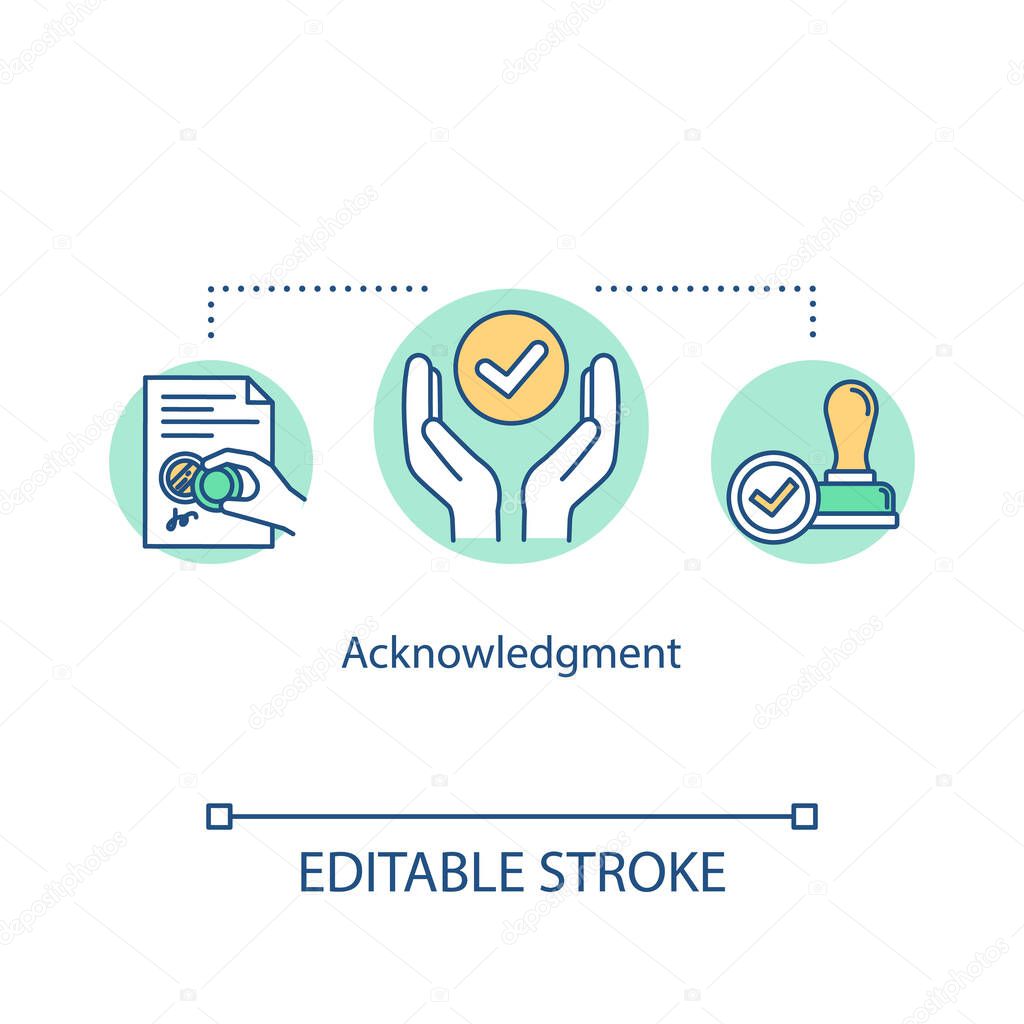 Acknowledgement concept icon. Notary service. Seal deal on document. Approve certificate. Common law idea thin line illustration. Vector isolated outline RGB color drawing. Editable stroke