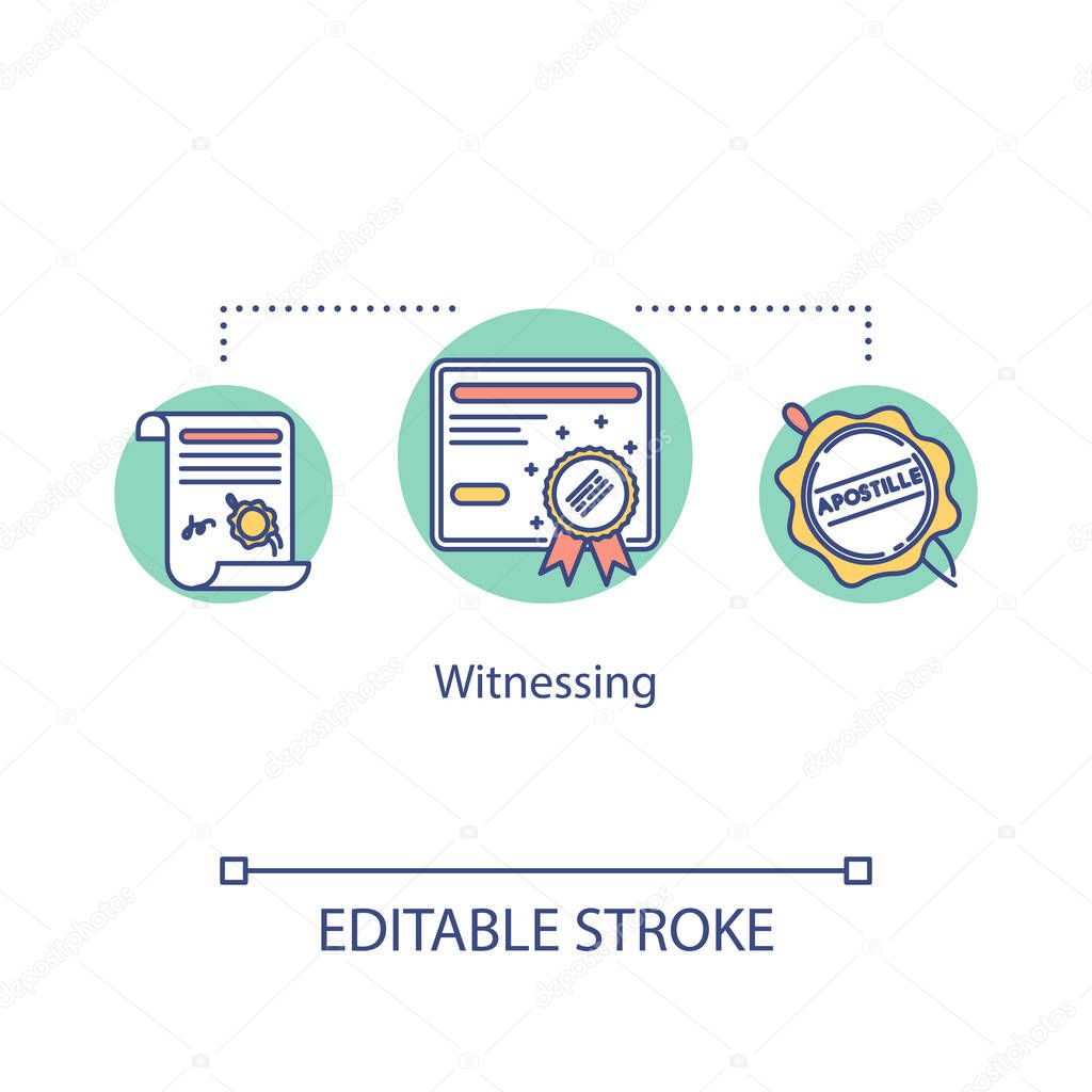 Witnessing concept icon. Confirmed testimony. Approved evidence. Valid document. Proof for courthouse. Law idea thin line illustration. Vector isolated outline RGB color drawing. Editable stroke