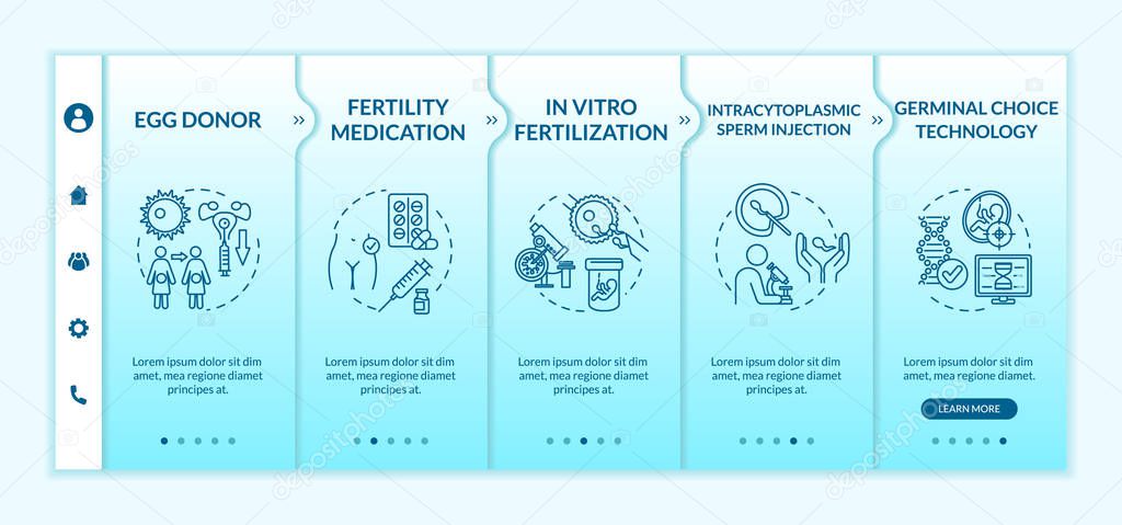 Reproductive technology onboarding vector template. In vitro fertilization. Egg donor, surrogacy. Responsive mobile website with icons. Webpage walkthrough step screens. RGB color concept