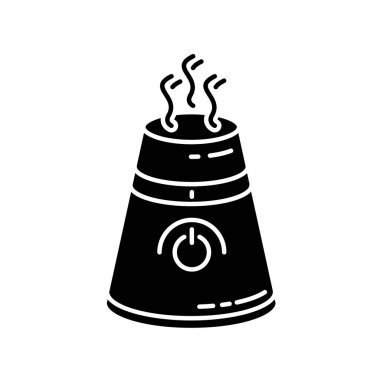 Ultrasonik hava temizleyici siyah sembol. Yurt içi iyonlaştırıcı, sessiz mod cihazı, su buharlaştırıcı, sağlık hizmetleri ev aletleri. Beyaz uzayda siluet sembolü. Vektör izole illüstrasyonu