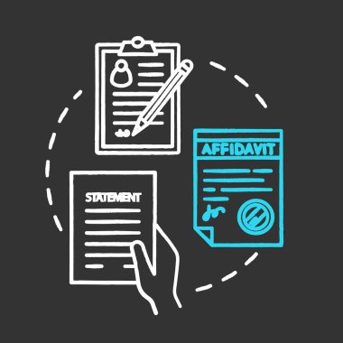 İfade tebeşirle RGB renk konsepti simgesi. Ortak hukuk protokolü. Resmi belge. Yeminli ifade, ifade. Yasal sözleşme. Noter hizmeti fikri. Siyah arkaplanda izole edilmiş karatahta çizimi