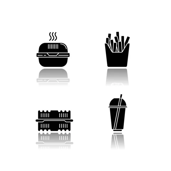 Los Paquetes Comida Para Llevar Dejan Caer Iconos Glifo Negro — Vector de stock