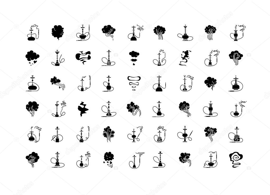 Hookah bar black glyph icons set on white space. Sheesha house. Nargile lounge. Odor from pipe. Scent of vaporizing. Smoking area. Fragrance emblem.Silhouette symbols. Vector isolated illustration