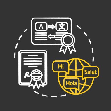 Onaylama dili çevirileri tebeşirle RGB renk konsepti simgesi. Profesyonel tercüman işi. Yasal belge. Noter hizmeti fikri. Siyah arkaplanda izole edilmiş karatahta çizimi