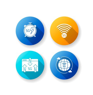 5G kablosuz teknoloji düz dizayn uzun gölge sembol seti. Hızlı sürat. Düşük gecikme bağlantısı. Sinyal göstergesi. Bilgi alışverişi. Cep telefonu şebekesi. Siluet RGB renk çizimi