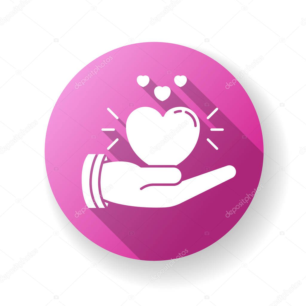 Compassion pink flat design long shadow glyph icon. Emotional support, sympathy. Empathy, solidarity and friendship. Voluntary care, charitable help, kindness. Silhouette RGB color illustration