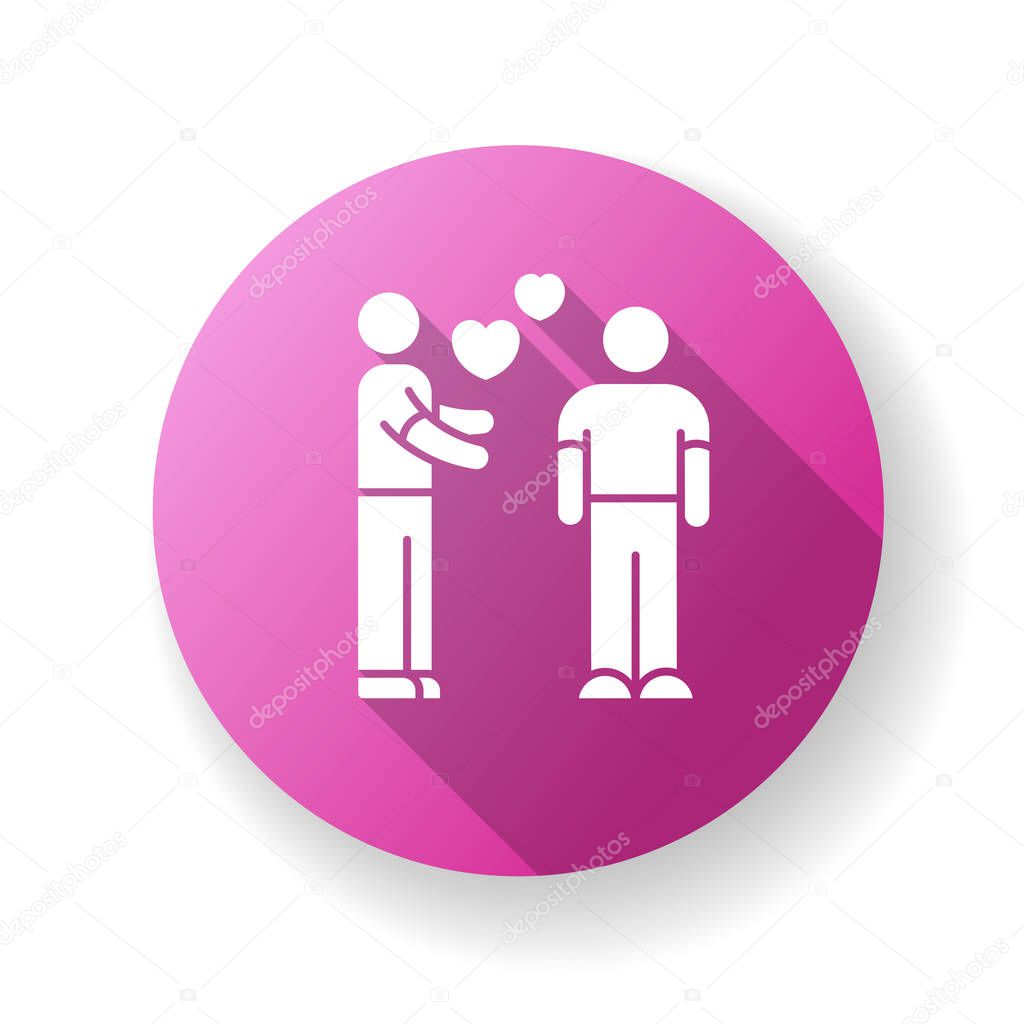Affection pink flat design long shadow glyph icon. Love, romantic relationship, interpersonal sympathy. Valentine day. Emotional attachment, passionate romance. Silhouette RGB color illustration