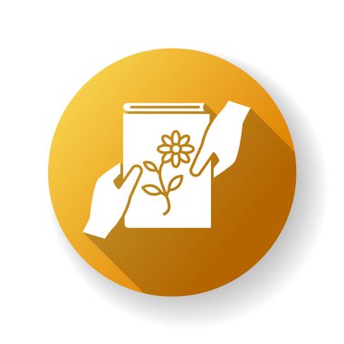 Paylaşılan değerler sarı düz tasarım uzun gölge simgesi. Ortak çıkarlar, dostça değiş tokuş. Kişiler arası ilişki. Edebiyat, koleksiyon kitabı hobisi. Siluet Rgb renk çizimi