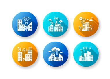 5G akıllı şehir düz tasarımı uzun gölge sembolleri seti. Şehir istihbaratı. Cep telefonu şebekesi kapsama alanı. Kablosuz teknoloji. Siluet Rgb renk çizimi