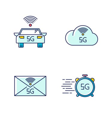 5G kablosuz teknoloji Rgb renk simgeleri ayarlandı. Akıllı araç. Hızlı sürat. Bulut hesaplama. Gelişmiş mesajlaşma. Cep telefonu şebekesi. İzole vektör çizimleri