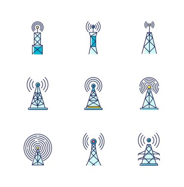 5g baz istasyonu ve anten Rgb renk simgeleri ayarlandı. Kablosuz teknoloji. Hızlı bağlantı. Mobil ağ kapsama alanı. Telekomünikasyon. İzole vektör çizimleri