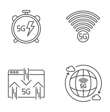 5G kablosuz teknoloji pikseli mükemmel doğrusal simgeler ayarlandı. Hızlı sürat. Sinyal göstergesi. Bilgi alışverişi. Özelleştirilebilir ince çizgi şekilleri. İzole vektör çizimi çizimleri. Düzenlenebilir vuruş