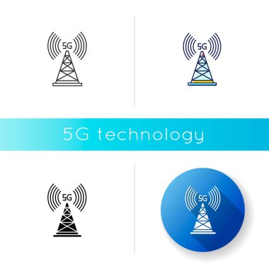 5G baz istasyonu simgesi. Kablosuz teknoloji. Hızlı bağlantı. Cep telefonu şebekesi kapsama alanı. Telekomünikasyon anteni. Lineer siyah ve Rgb renk tarzları. İzole vektör çizimleri