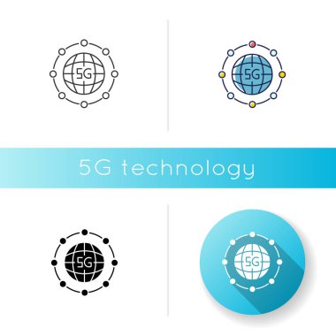 5g küresel standart simge. Dünya çapında. Kablosuz bağlantı, teknoloji. Cep telefonu şebekesi. Lineer siyah ve Rgb renk tarzları. İzole vektör çizimleri